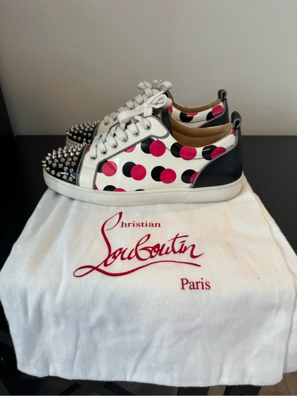 Christian Louboutin Louis Junior Spikes Pink Polka Dot Sneakers Size 42